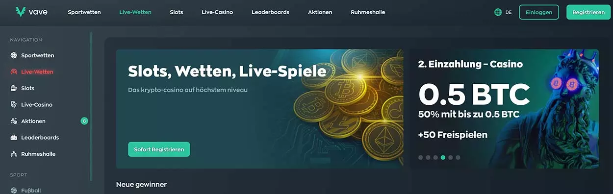 Vave Casino DE online gambling site home page